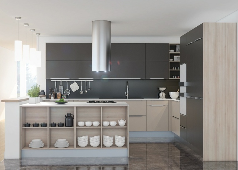modern stílusú tervezési ötletek egy modern szürke konyha belsőépítészeti fa konyhához