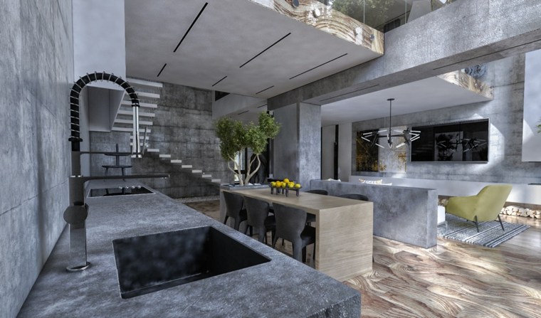 modernaus interjero idėja virtuvė betono idėja interjero dengiantis fotelis