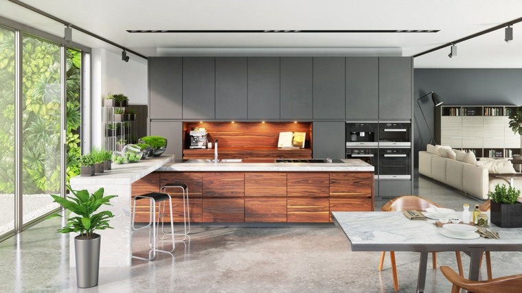 pilkos medienos virtuvės interjeras vaškuoto betono danga valgomasis