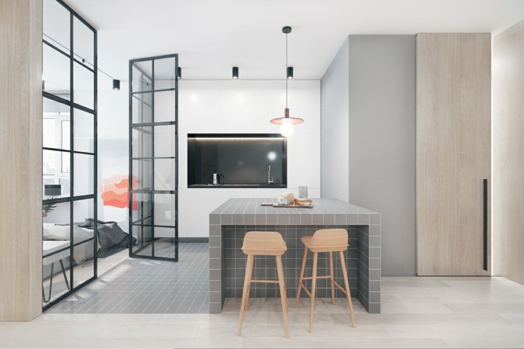 moderni pilka virtuvės salos virtuvės idėja medinės kėdės pakabinama šviesa