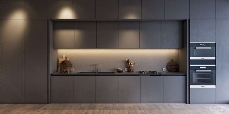 šiuolaikinės pilkos virtuvės virtuvės spintelės idėjos medinės grindys
