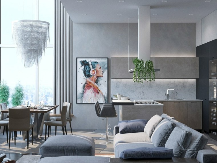 pilka virtuvės dizaino idėja sienų dekoro augalų šviestuvas mėlyna kampinė sofa