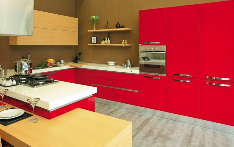 赤いキッチンビュッフェウッドグレータイルモダンなオーブンデザイン