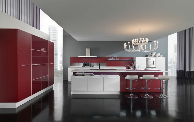 灰色と赤のキッチン飾るデザインのアイデア