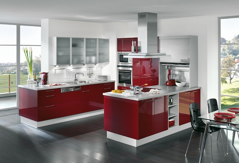 赤いキッチンデザイン中央島抽出フードダイニングテーブル