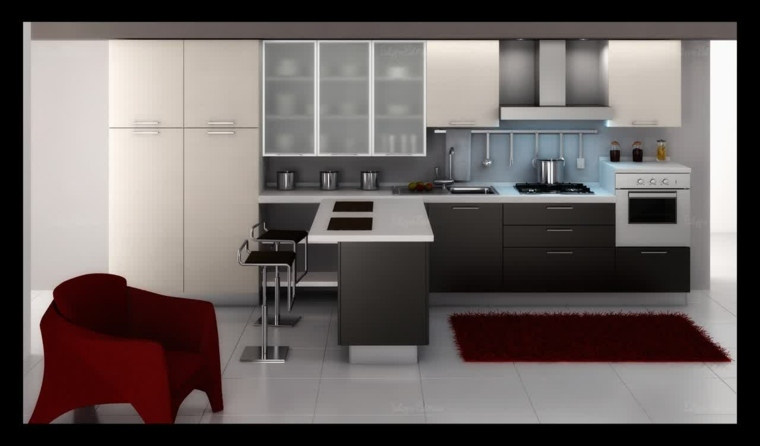キッチンインテリアモダンデザイン赤いソファフロアマット白い冷蔵庫家具