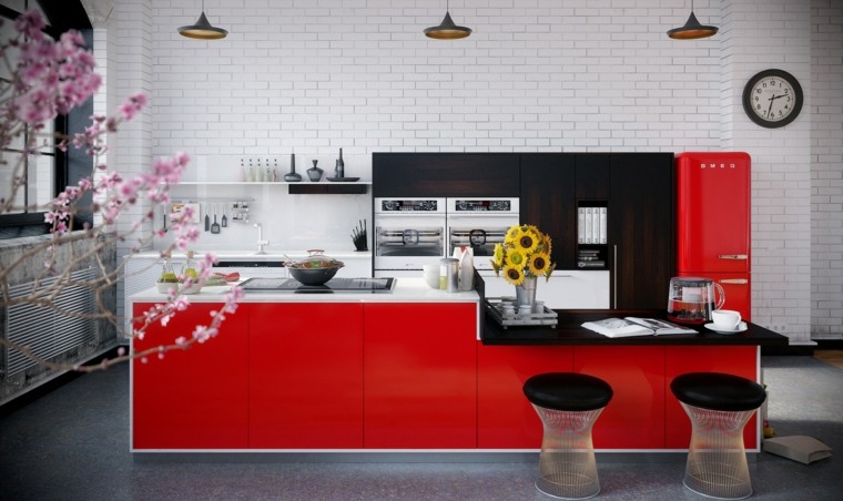 赤とグレーのキッチンのアイデア花のランプを飾る黒いスツール