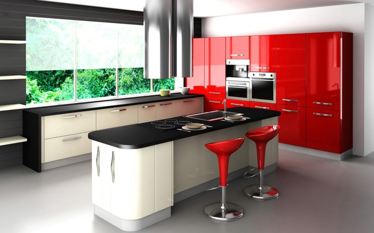 赤黒灰色のキッチンデザイン中央島ホブ抽出フード