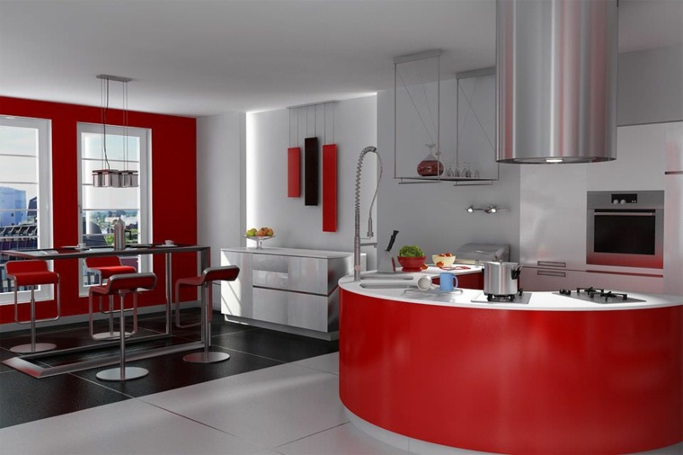 グレーと赤のキッチンデザイン中央島のスツールダイニングテーブル