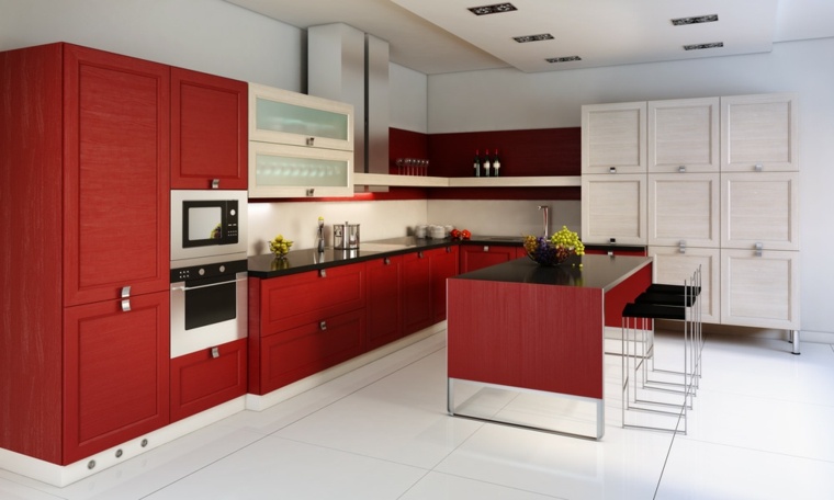 キッチンレイアウトデザイン家具アイデア中央島黒いスツール白い食器棚