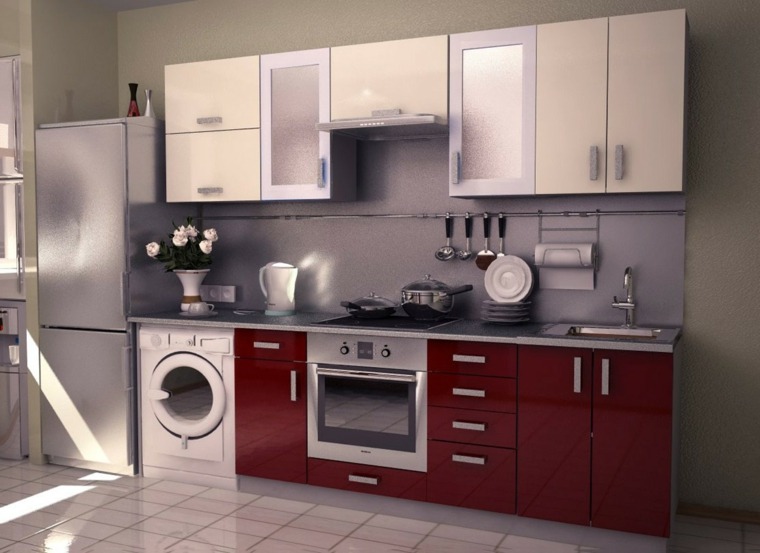 赤いキッチンセントラルアイランドアイデアクローゼット洗濯機