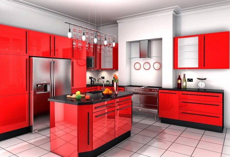 赤灰色のキッチンモダンなデザインのアイデア