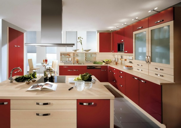 キッチンアイランドデザインの炊飯器フードのためのモダンな赤いキッチンのアイデア
