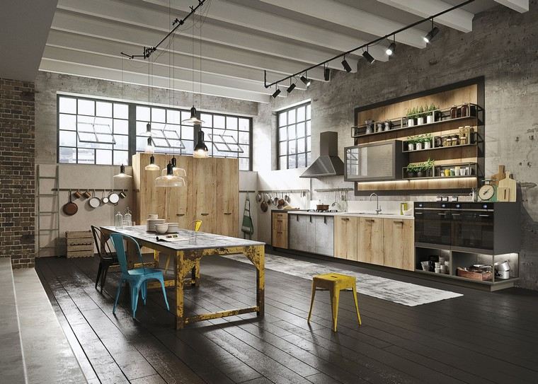 ipari stílusú konyhatervezés rusztikus étkezőasztal ötlet fa parketta