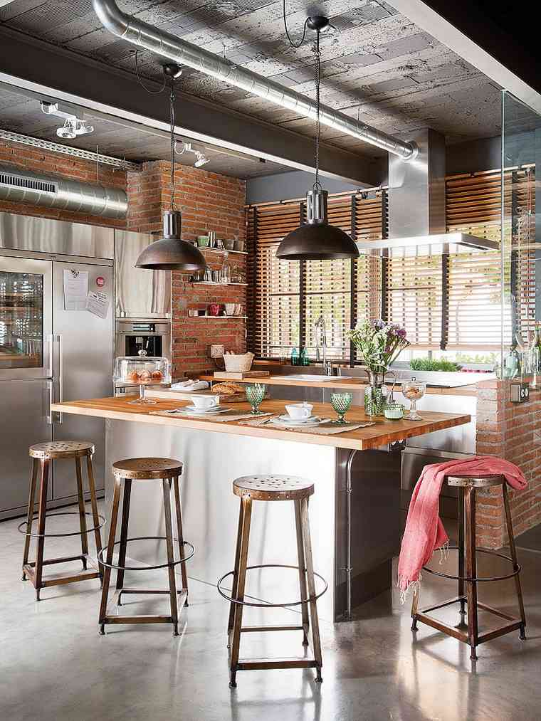 cucina aperta in stile country isola idea lampada a sospensione piano di lavoro in legno