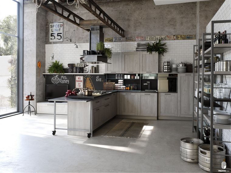 idea deco industriale appartamento tendenza isola cucina moderna piante deco