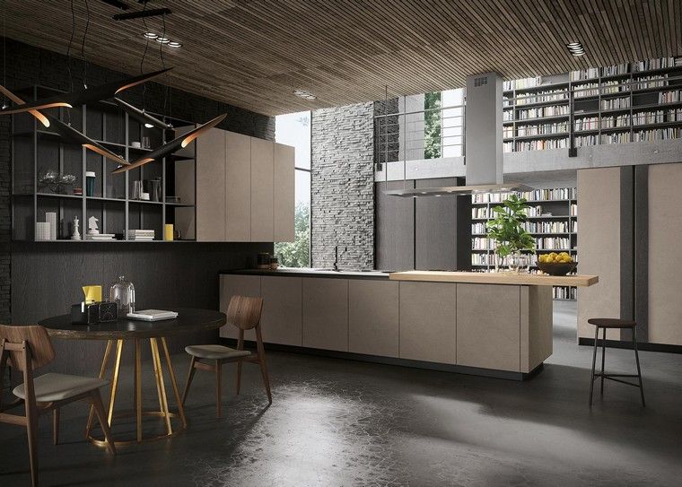 cucina industriale interni idea isola sgabello sala da pranzo soffitto in legno