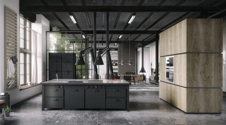 pramoninės virtuvės idėjos pilka virtuvės sala virtuvės spintelės apšvietimas medinės grindys betonas