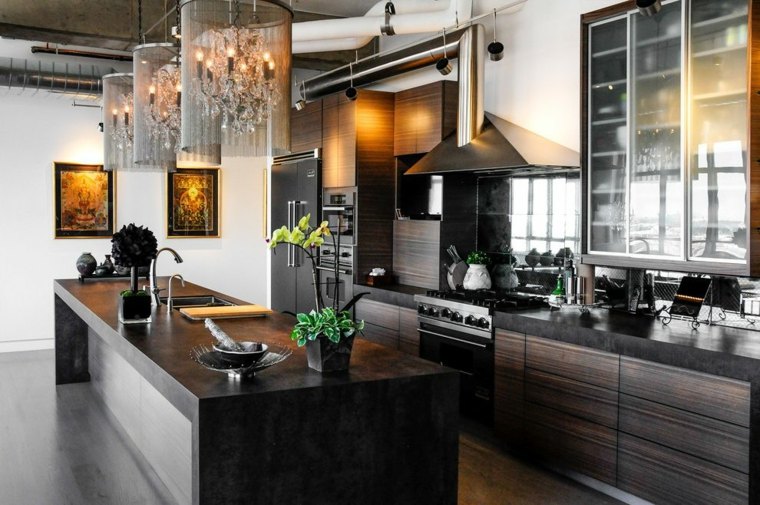 prabangaus stiliaus virtuvės juodos medienos apdaila