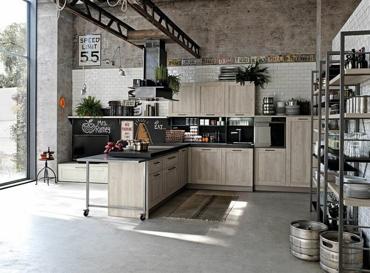 Cucina in stile industriale con isola centrale in legno tappetino da cucina layout di scaffalature