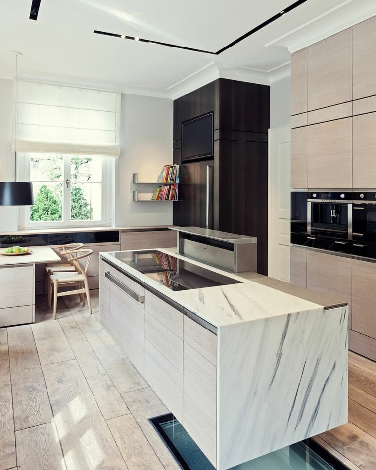 modernios vilos dizaino virtuvės salos marmurinė tendencija parketo mediena