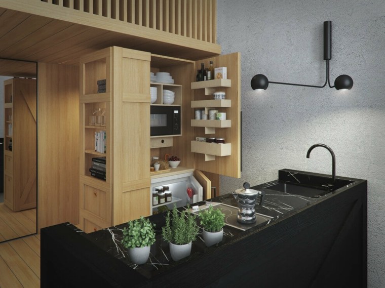 modernios virtuvės mediniai baldai dizainas modernus salos juodo marmuro apšvietimas