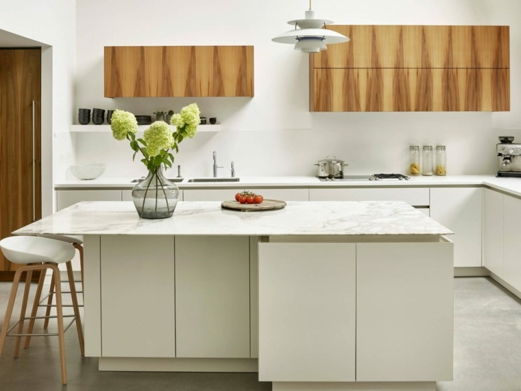 minimalistinis virtuvės baras medžio dizaino baldai deko gėlės sala