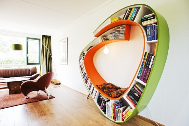 ideje-dizajn-deco-ormar za knjige-izvanredan-oblik-izvorno-svijetlo-zeleno-narančasta deko-polica za knjige