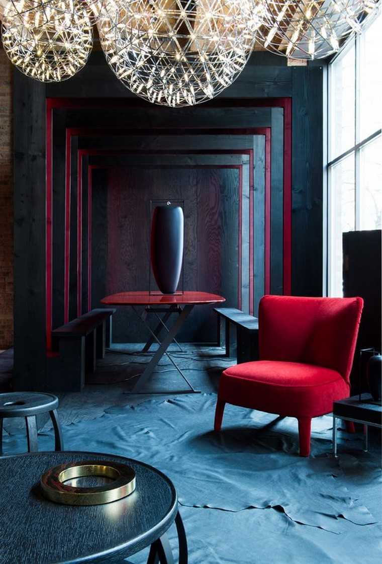 デザインアイデアインテリア赤いアームチェアカーペット床コーヒーテーブル木製ペンダントライト