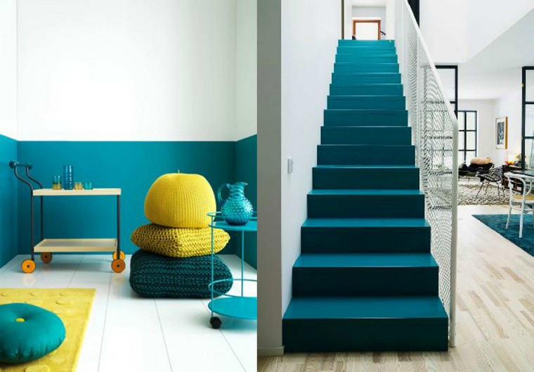 アヒルの青い寝室の装飾のアイデアモダンな黄色のオットマンの階段のアイデア