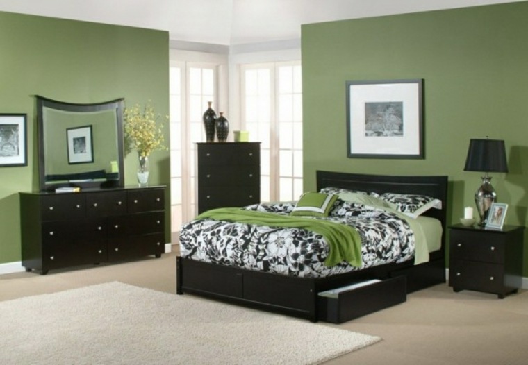 juoda žalia zen suaugusiųjų miegamojo dekoras