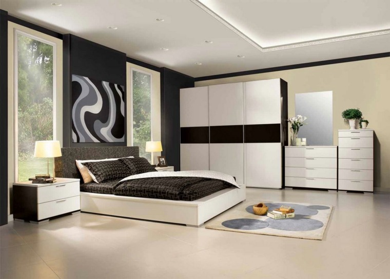 pagrindinio miegamojo apdaila modernūs juodai balti dizaino baldai