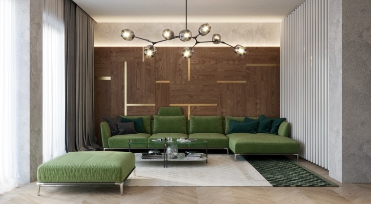 modern nappali dekoráció zöld kanapéval