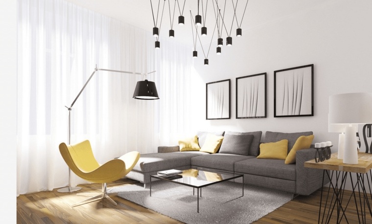 modern nappali dekoráció szürke és sárga színben