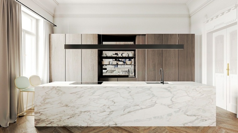 cucina bianca e legno con piano di lavoro in pietra di marmo bianco