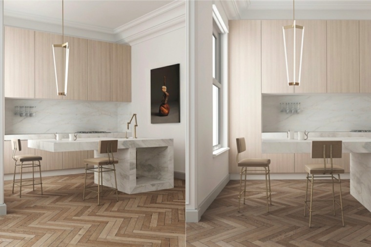 Decorazione dell'isola della cucina in marmo bianco e pietra di legno
