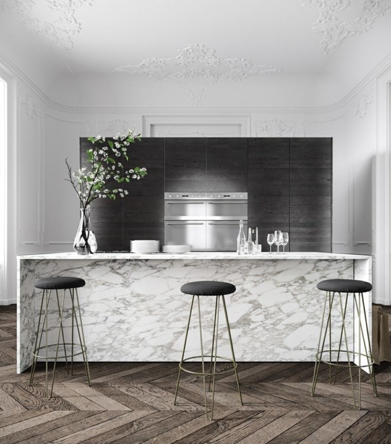 marmurinis stalviršis moderni virtuvė balti ir juodi baldai