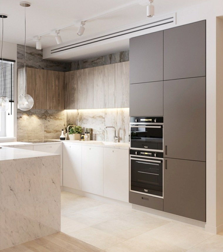 sivo -bijela kuhinja modernog otočnog dizajna s dovratnikom obloženim kamenom