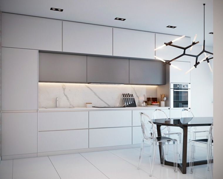 arredamento cucina in marmo bianco moderno armadio interno facciata bianca