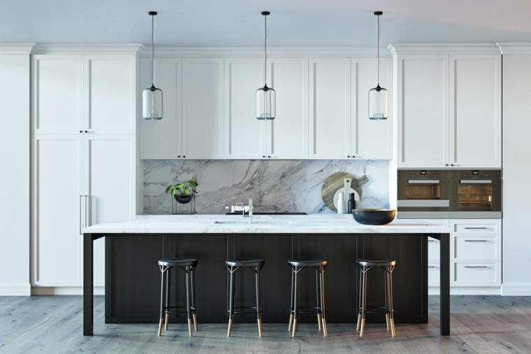 arredamento cucina marmo illuminazione industriale nero isola centrale sgabelli stile vintage