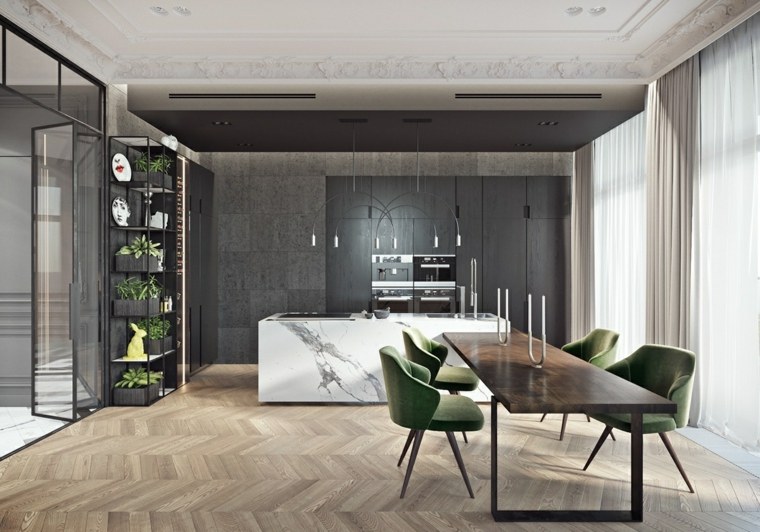 marmurinis virtuvės dekoras juodų baldų dizaino valgomojo zona