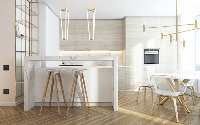 Mramorni kuhinjski dekor mala moderna otočna drvena podna obloga