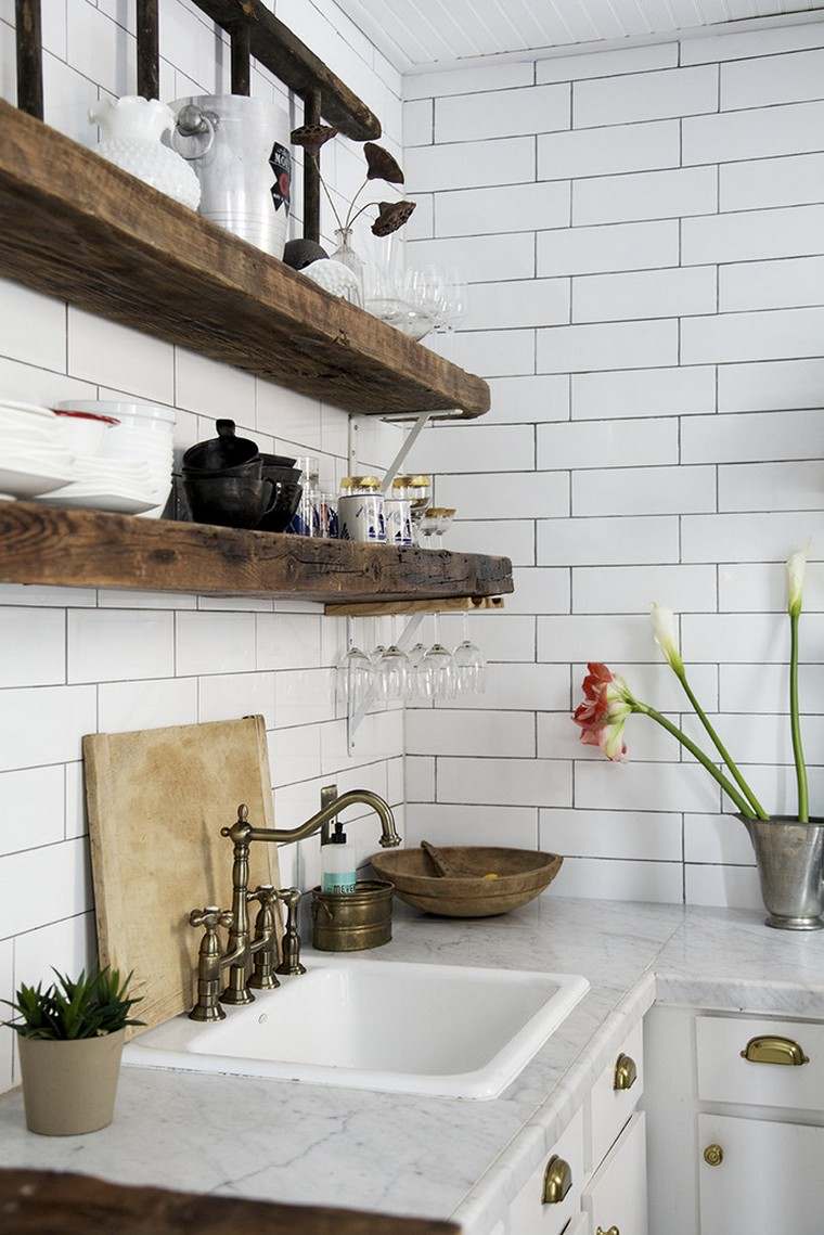 Ideja o rustikalnim drvenim policama pločica zidni sudoper mramor