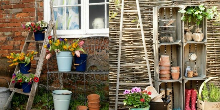 屋外デコガーデン植木鉢木製はしごのアイデア