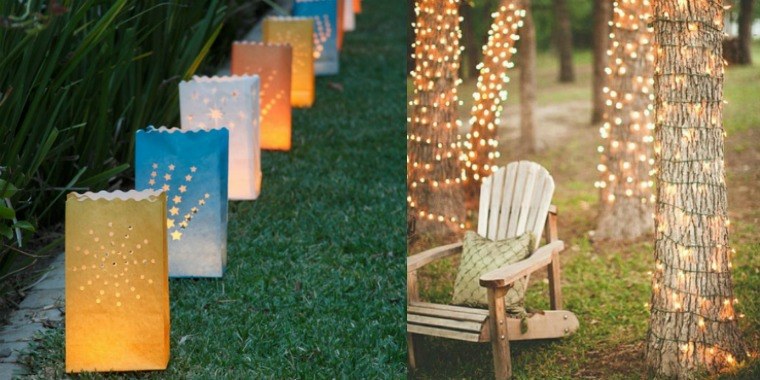 庭の装飾ライトガーランドアイデアランプ木製ラウンジチェア