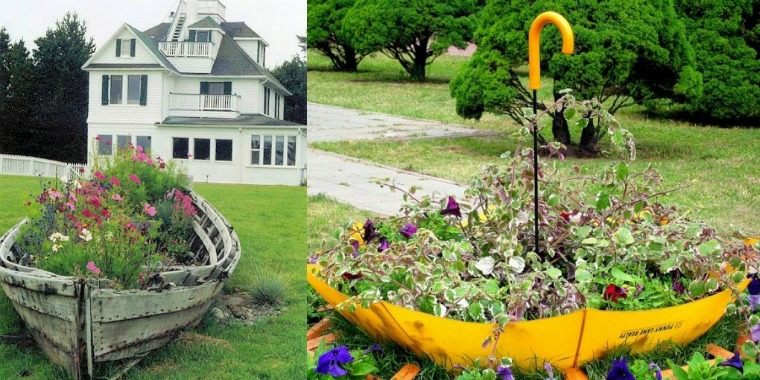 屋外ガーデンデコウッドボートのアイデア黄色の傘の花