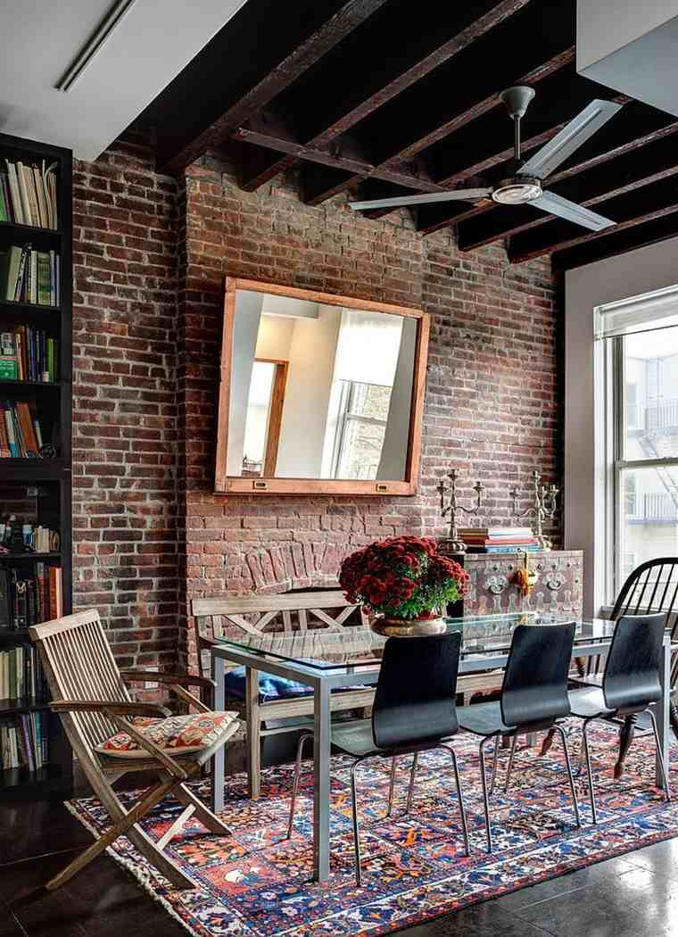 masculine-style-masculine-dining-table-glass-wall-brick-red-mirror