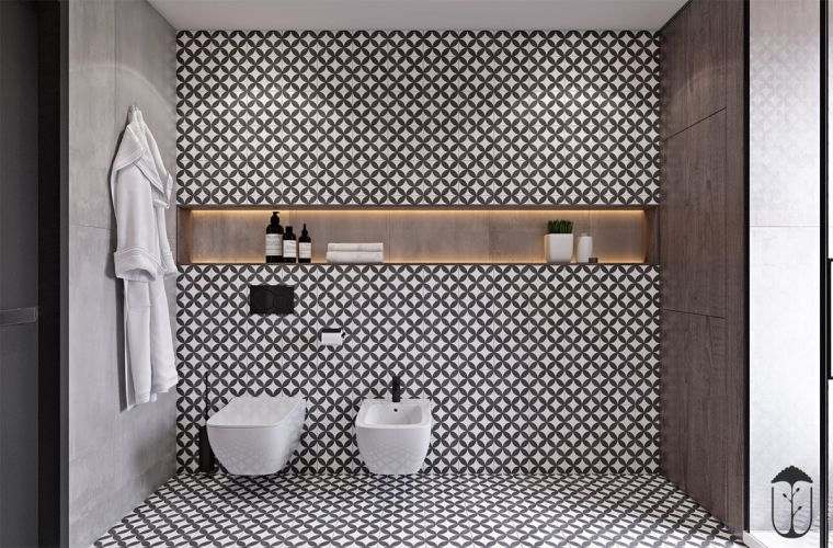 Maroko dekoras-vonios kambarys-juodai baltos plytelės