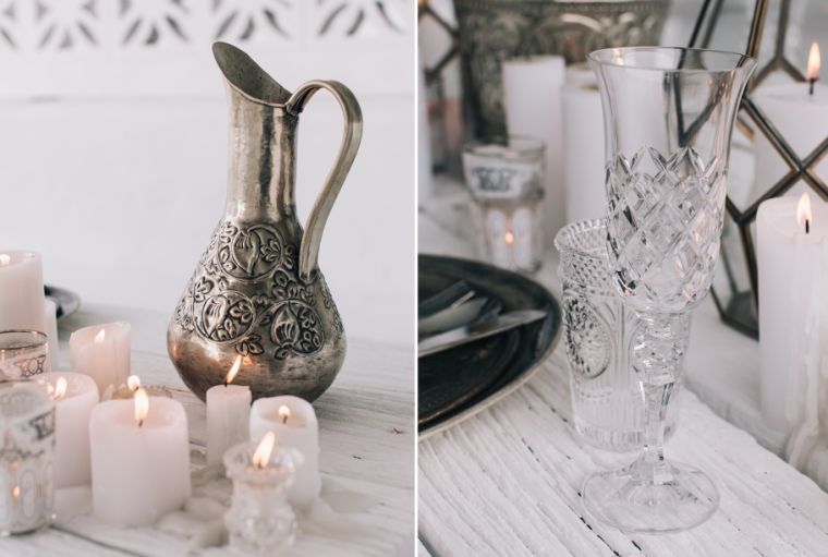 Marokkói dekoráció-esküvői asztal-ezüst-gyertya-fotó