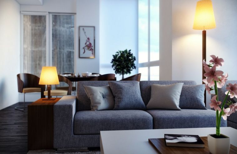 modernios deko svetainės tamsiai pilkos sofos